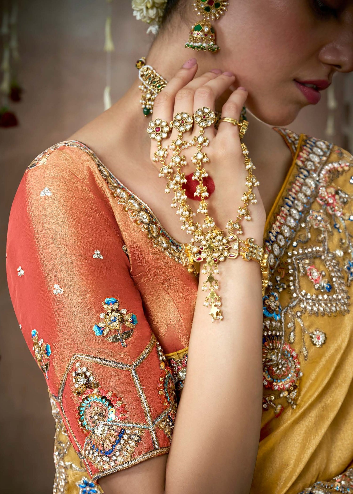 Zari woven handloom tissue silk yellow saree online uk with heavy embroidered orange blouse.