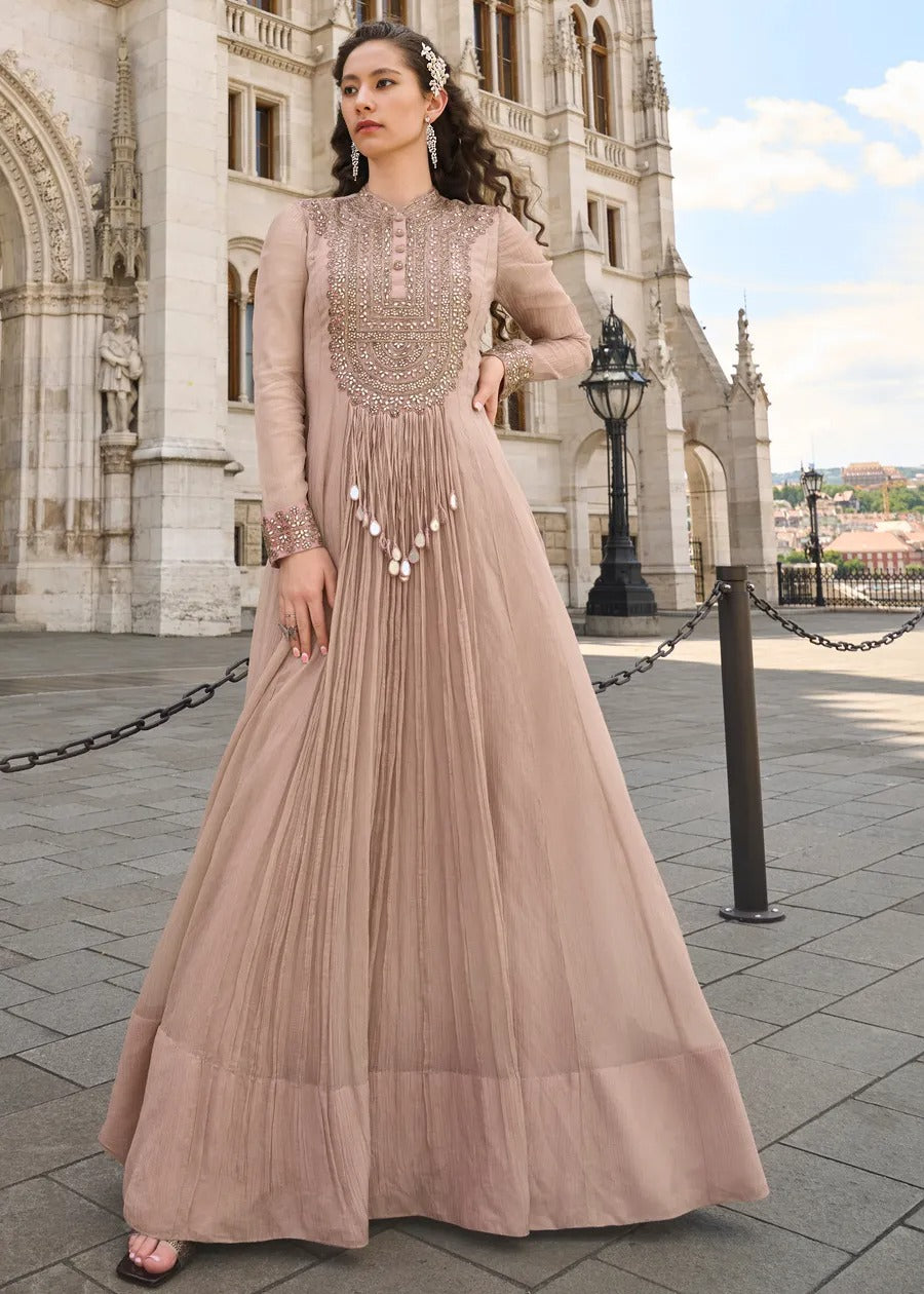 Pastel Brown Chinon Silk Mirror Work Anarkali Gown Suit With Dupatta