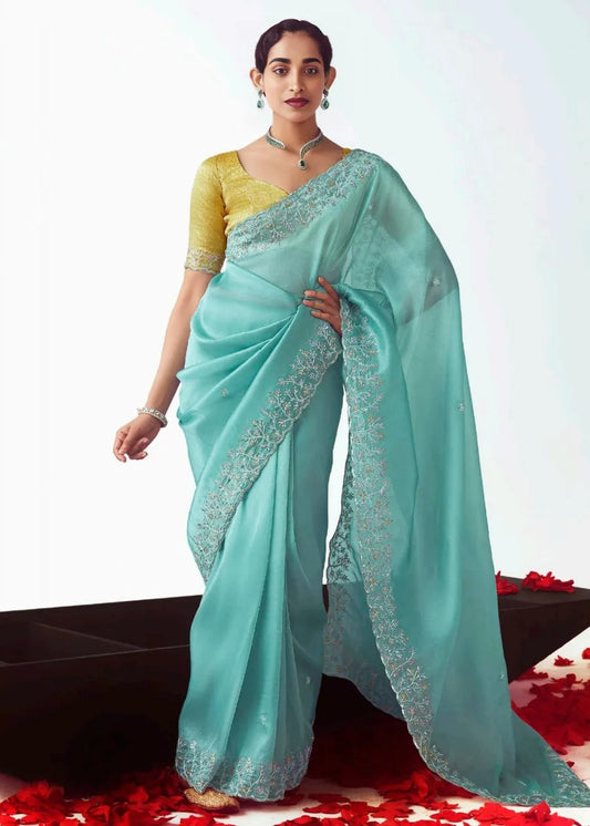 Pastel Blue Organza Tissue Silk Embroidered Saree with Yellow Banarasi Blouse