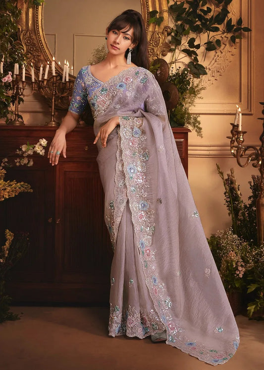 Beige Organza Tissue Silk Saree & Purple Blouse With Sequins Embroidery