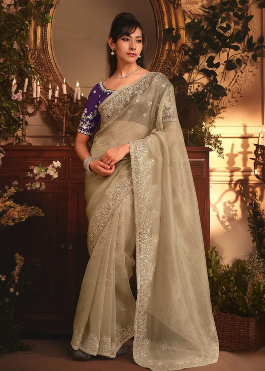 Golden Beige Organza Tissue Silk Saree & Purple Blouse With Embroidery