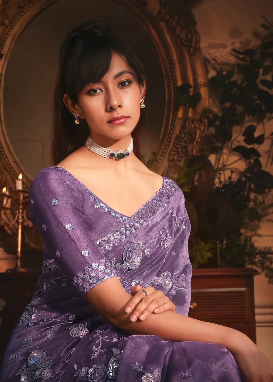 Royal Purple Organza Tissue Silk Saree With Embroidery Work