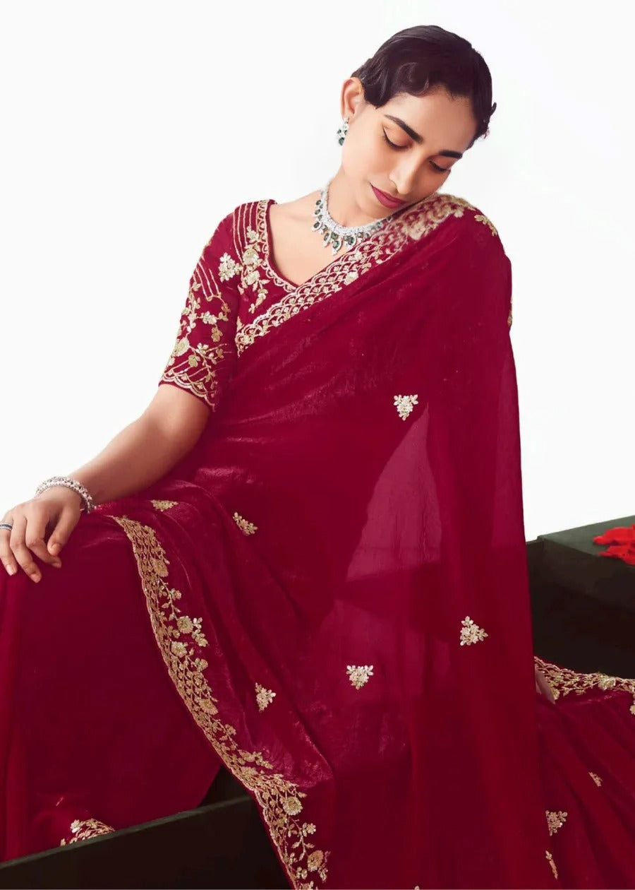 Dark Red Fancy Organza Tissue Silk Embroidered Bridal Saree