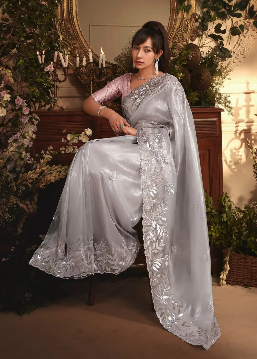 Grey Organza Tissue Silk Saree & Pastel Pink Blouse With Sequins Embroidery