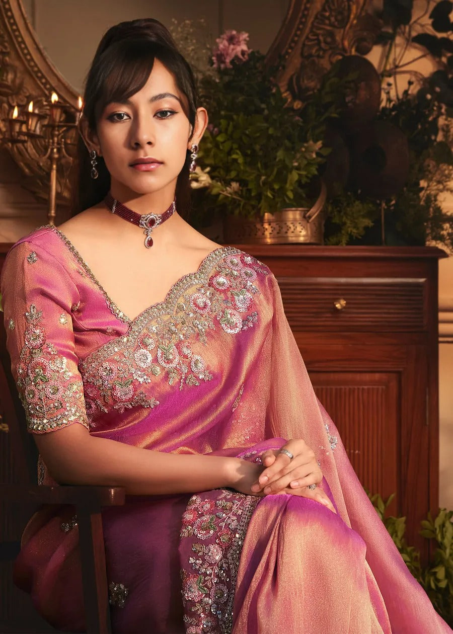 Rose Pink Organza Tissue Silk Saree With Embroidery Work