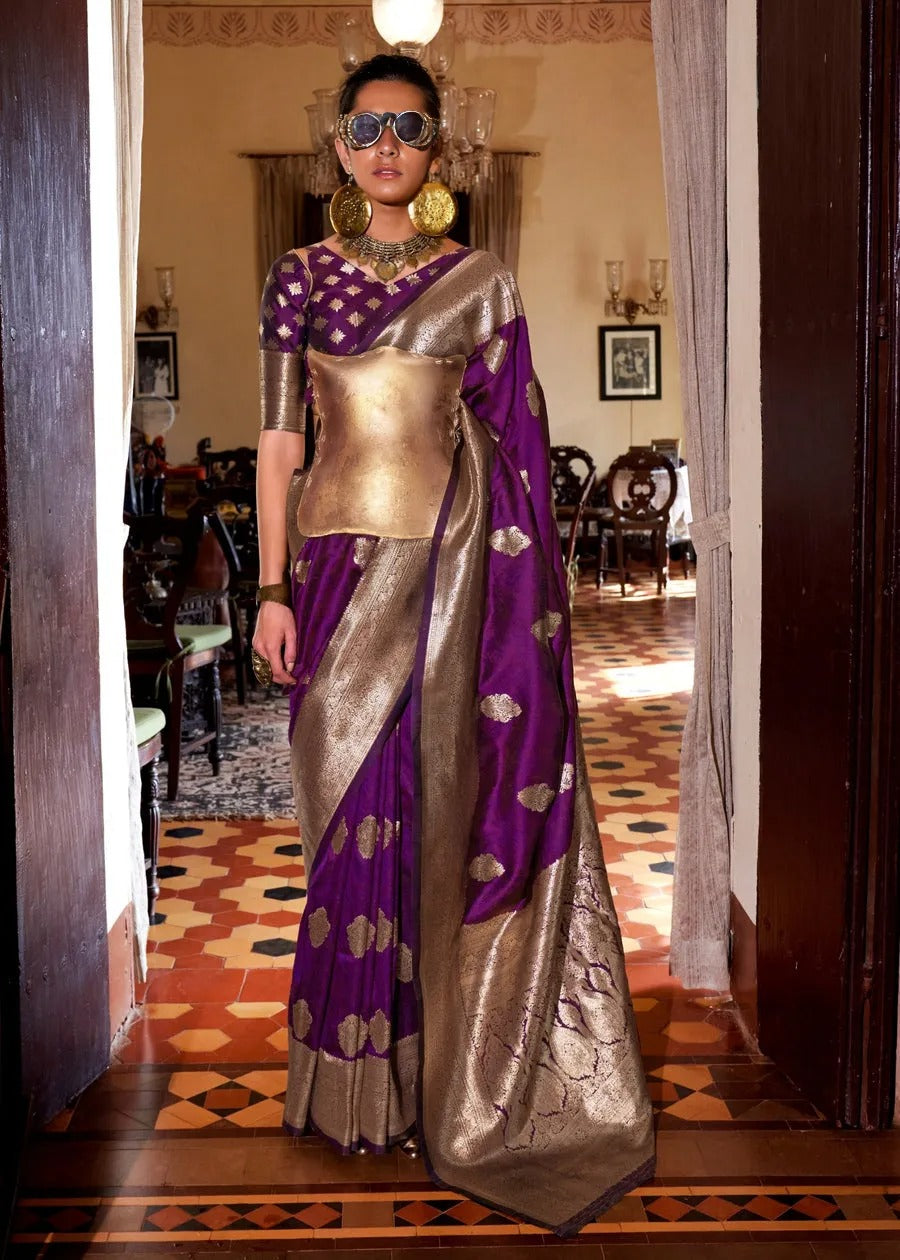 Soft Banarasi Silk Violet Purple Handloom Weaving Saree