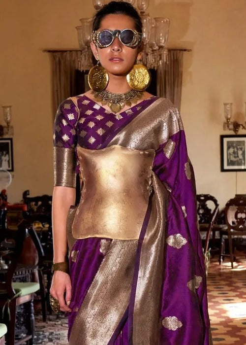 Soft Banarasi Silk Violet Purple Handloom Weaving Saree