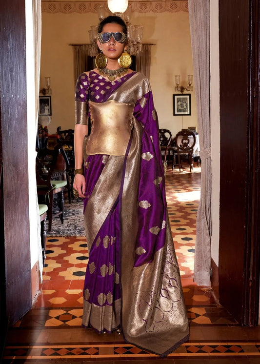 Soft Banarasi Silk Violet Purple Handloom Weaving Saree