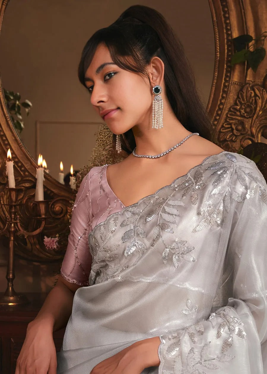 Grey Organza Tissue Silk Saree & Pastel Pink Blouse With Sequins Embroidery