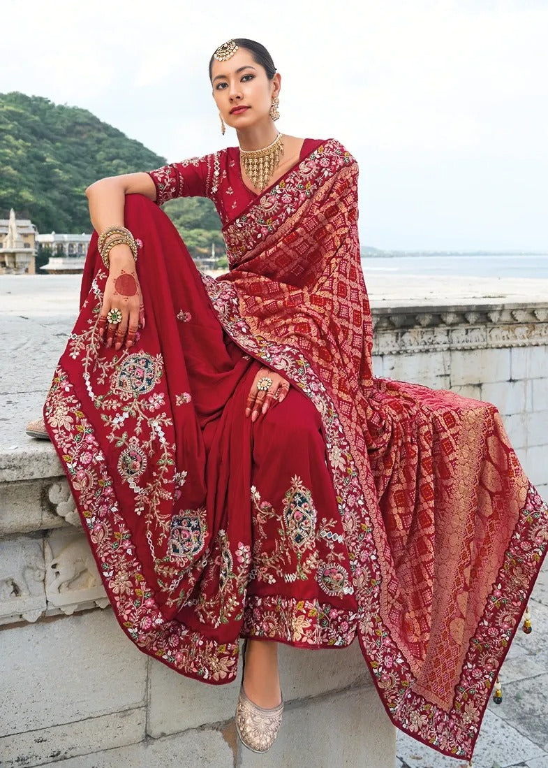 Red Banarasi Silk Embroidered Bandhani Saree