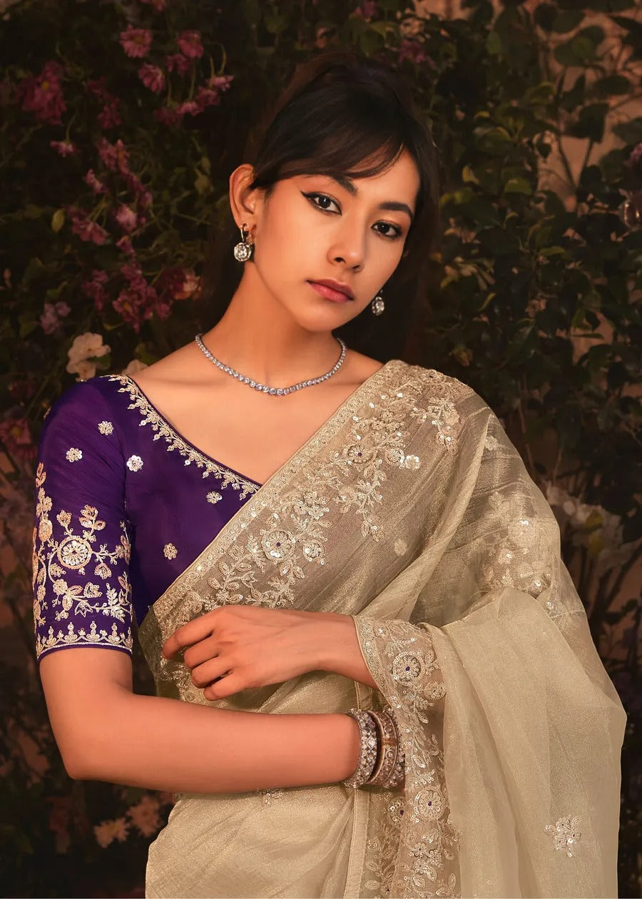 Golden Beige Organza Tissue Silk Saree & Purple Blouse With Embroidery
