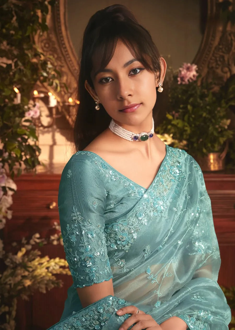 Ocean Blue Organza Tissue Silk Saree With Sequins Embroidery