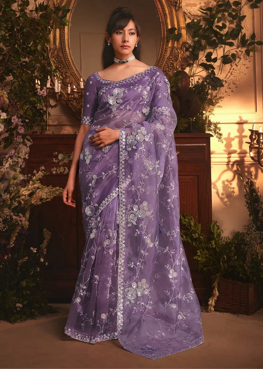 Royal Purple Organza Tissue Silk Saree With Embroidery Work