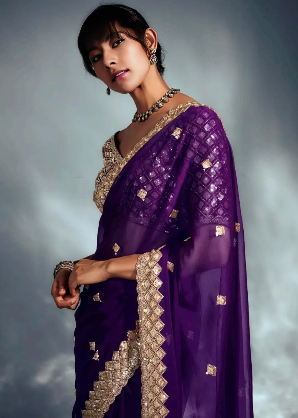 Violet Purple Tissue Silk Hand Embroidered Bridal Saree