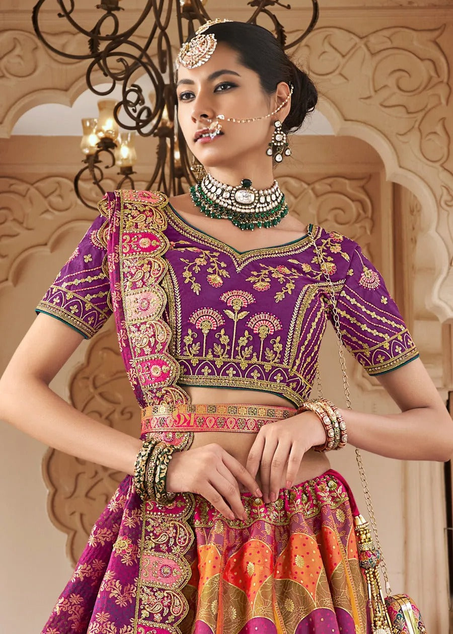 Multicolor Banarasi Silk Lehenga & VIolet Purple Embroidered Choli