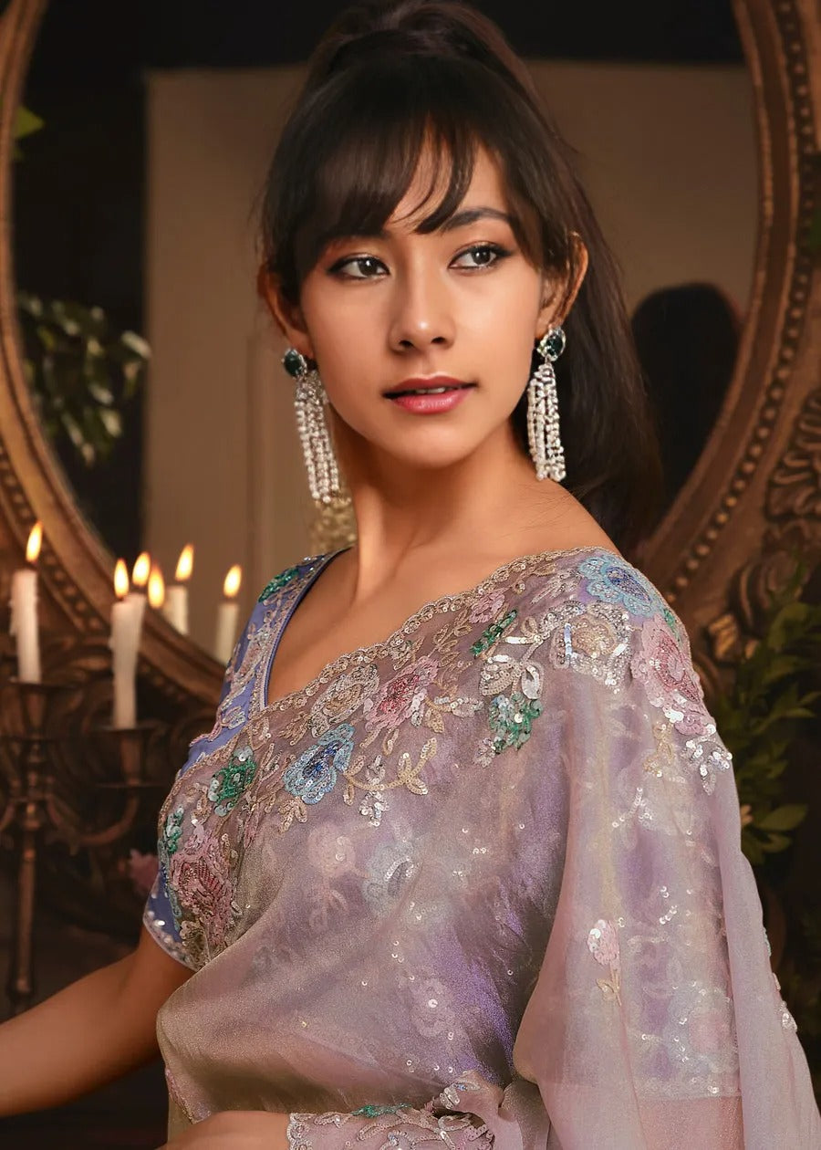 Beige Organza Tissue Silk Saree & Purple Blouse With Sequins Embroidery