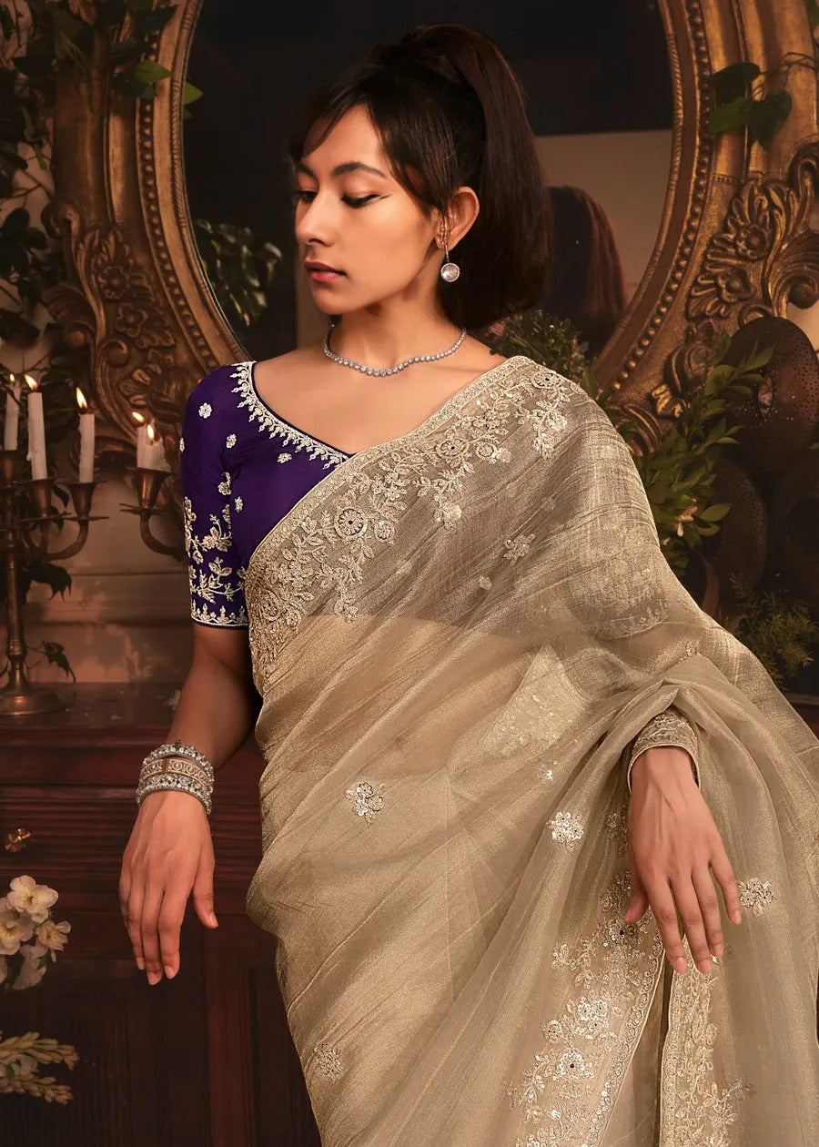 Golden Beige Organza Tissue Silk Saree & Purple Blouse With Embroidery