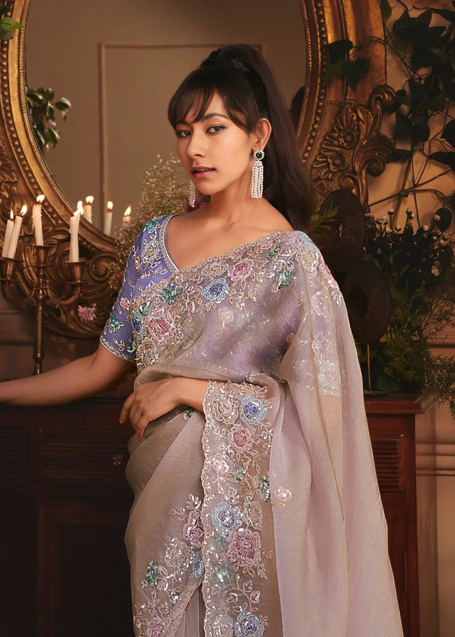 Beige Organza Tissue Silk Saree & Purple Blouse With Sequins Embroidery
