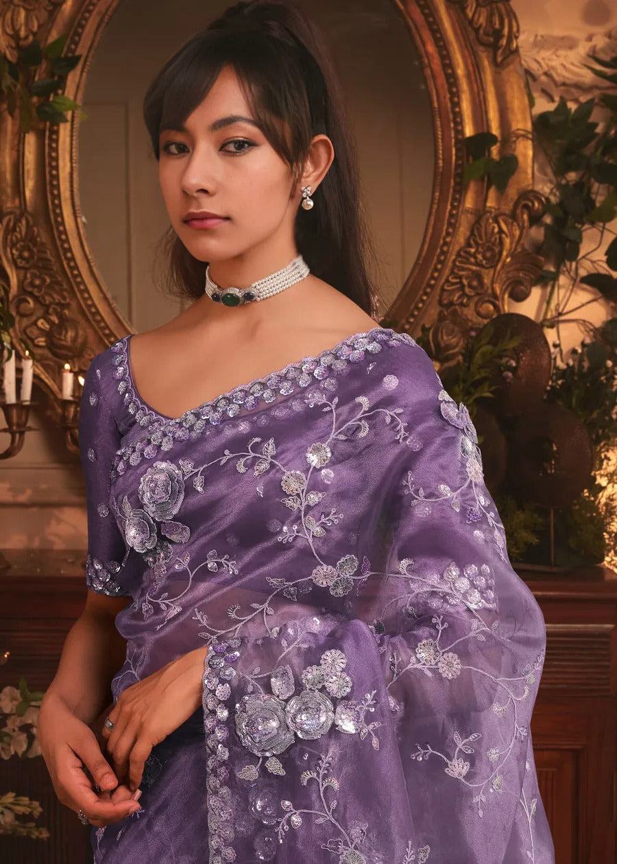 Royal Purple Organza Tissue Silk Saree With Embroidery Work