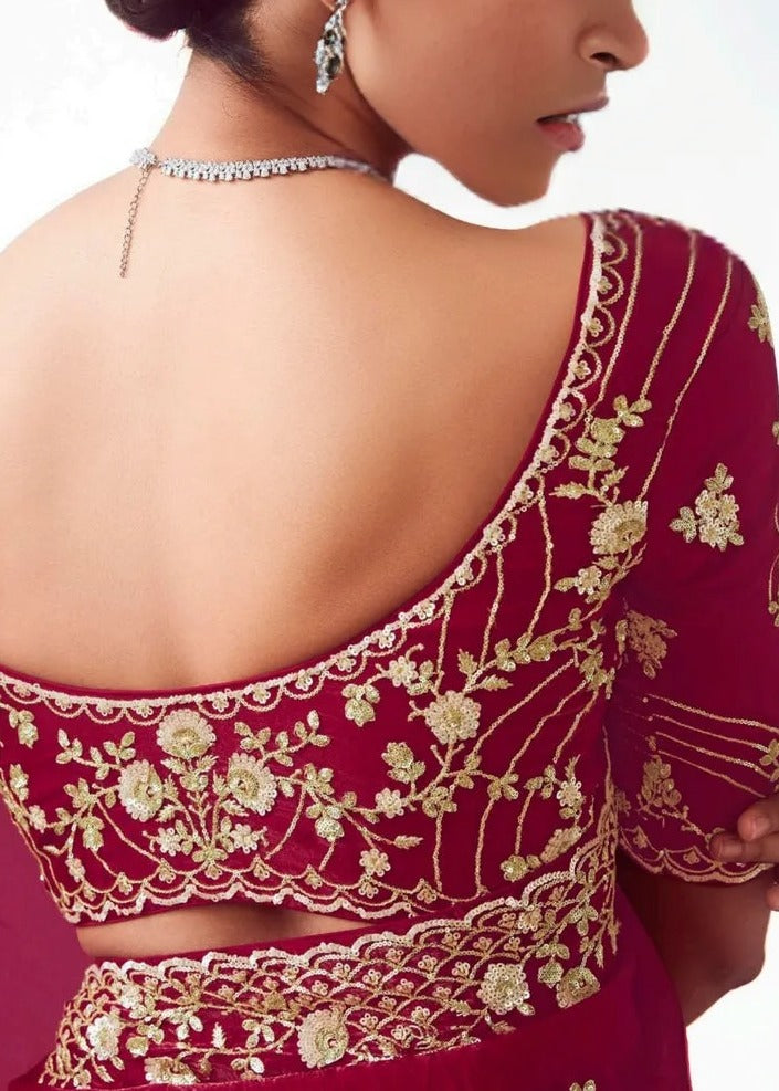 Dark Red Fancy Organza Tissue Silk Embroidered Bridal Saree