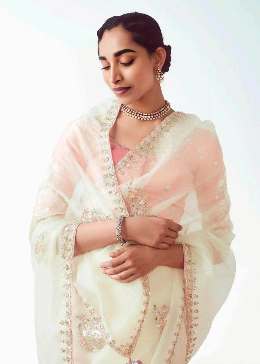 Off White Organza Tissue Silk Embroidered Saree with Pastel Pink Blouse
