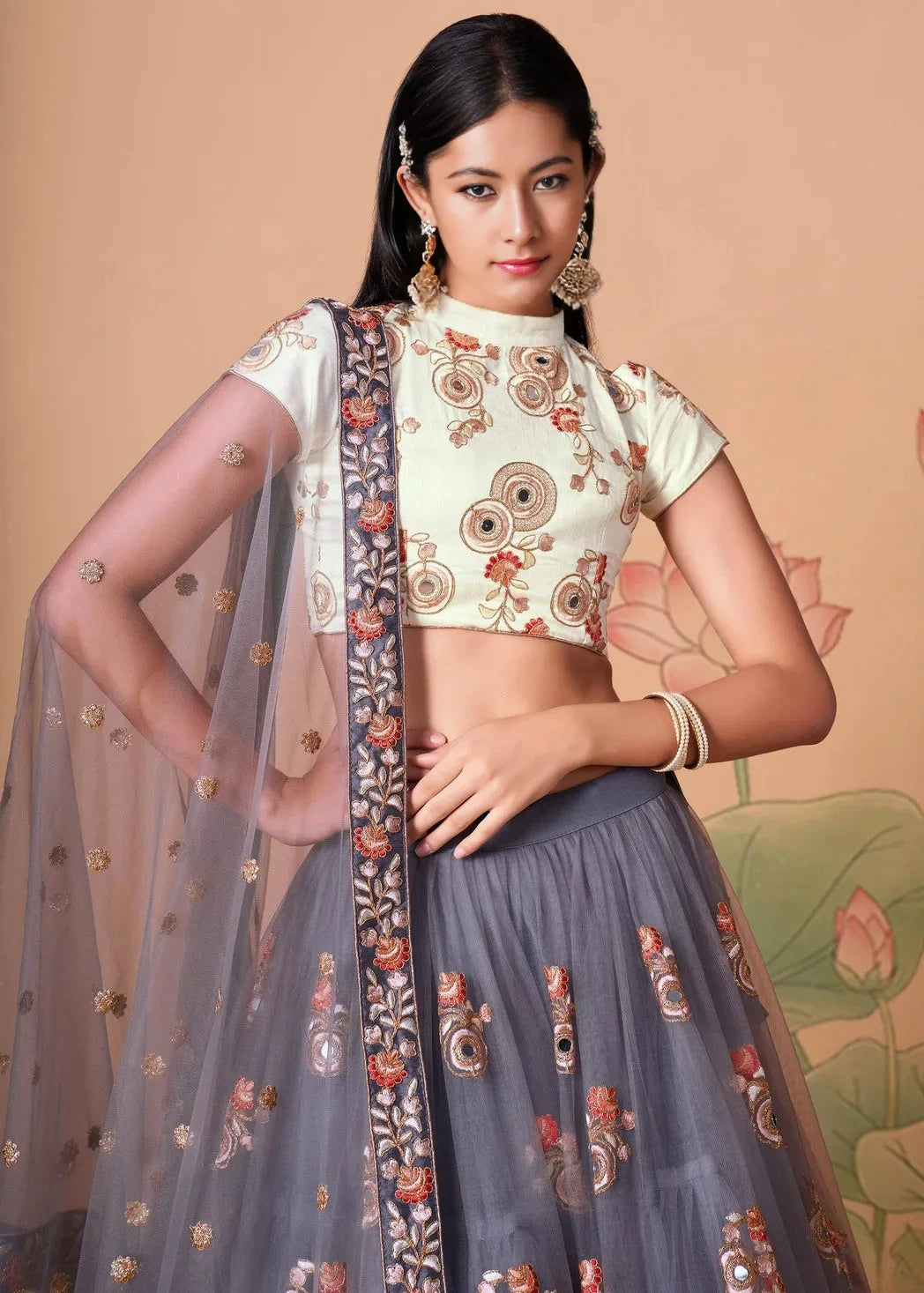 Grey & Off White Designer Bridal Lehenga Choli