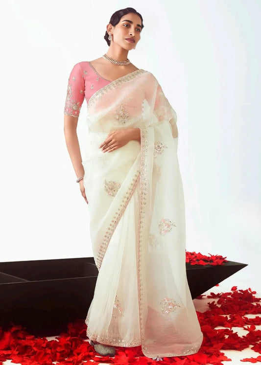 Off White Organza Tissue Silk Embroidered Saree with Pastel Pink Blouse