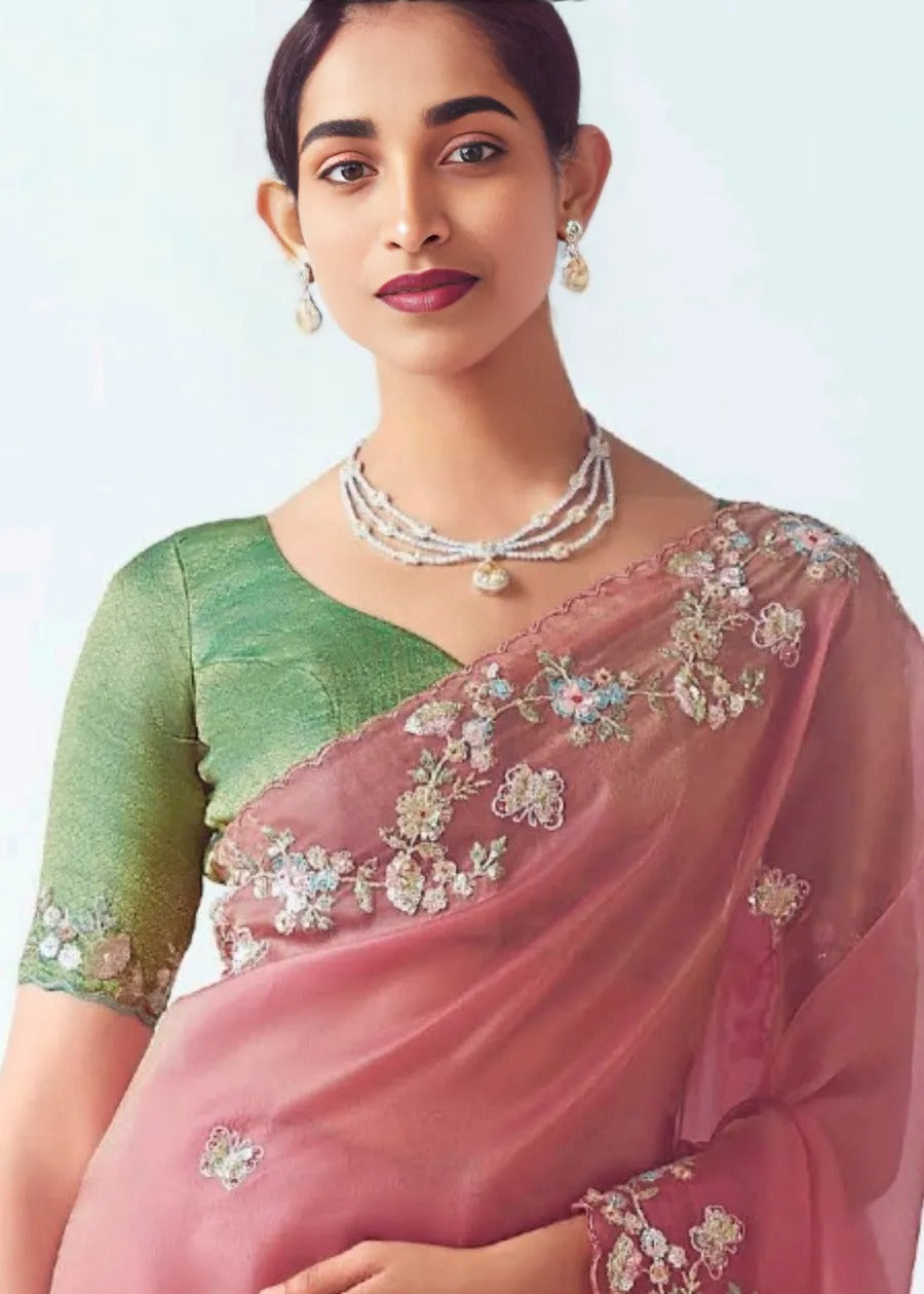 Rose Pink Organza Tissue Silk Embroidered Saree with Green Banarasi Blouse