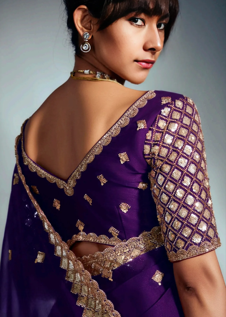 Violet Purple Tissue Silk Hand Embroidered Bridal Saree