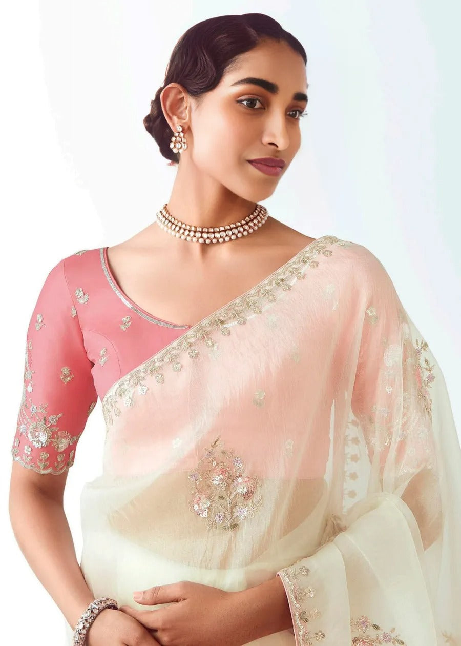 Off White Organza Tissue Silk Embroidered Saree with Pastel Pink Blouse