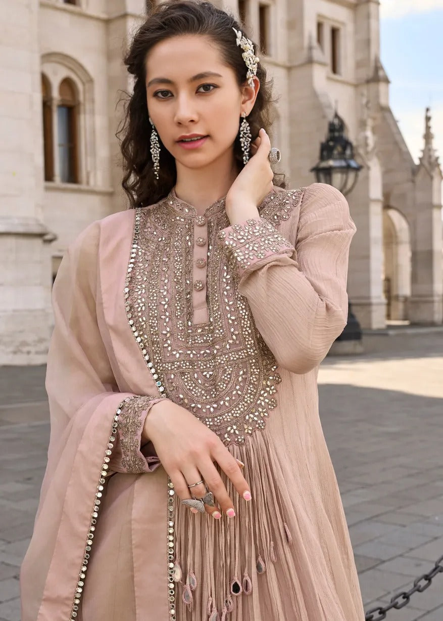 Pastel Brown Chinon Silk Mirror Work Anarkali Gown Suit With Dupatta