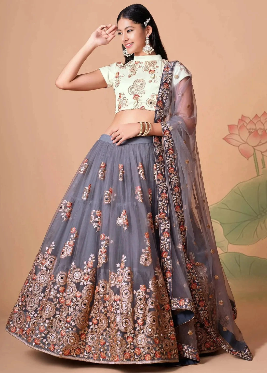 Grey & Off White Designer Bridal Lehenga Choli