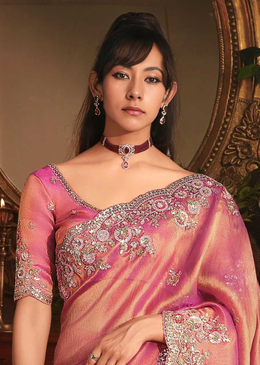 Rose Pink Organza Tissue Silk Saree With Embroidery Work