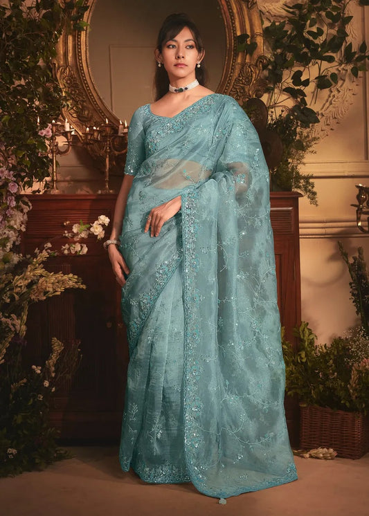 Ocean Blue Organza Tissue Silk Saree With Sequins Embroidery