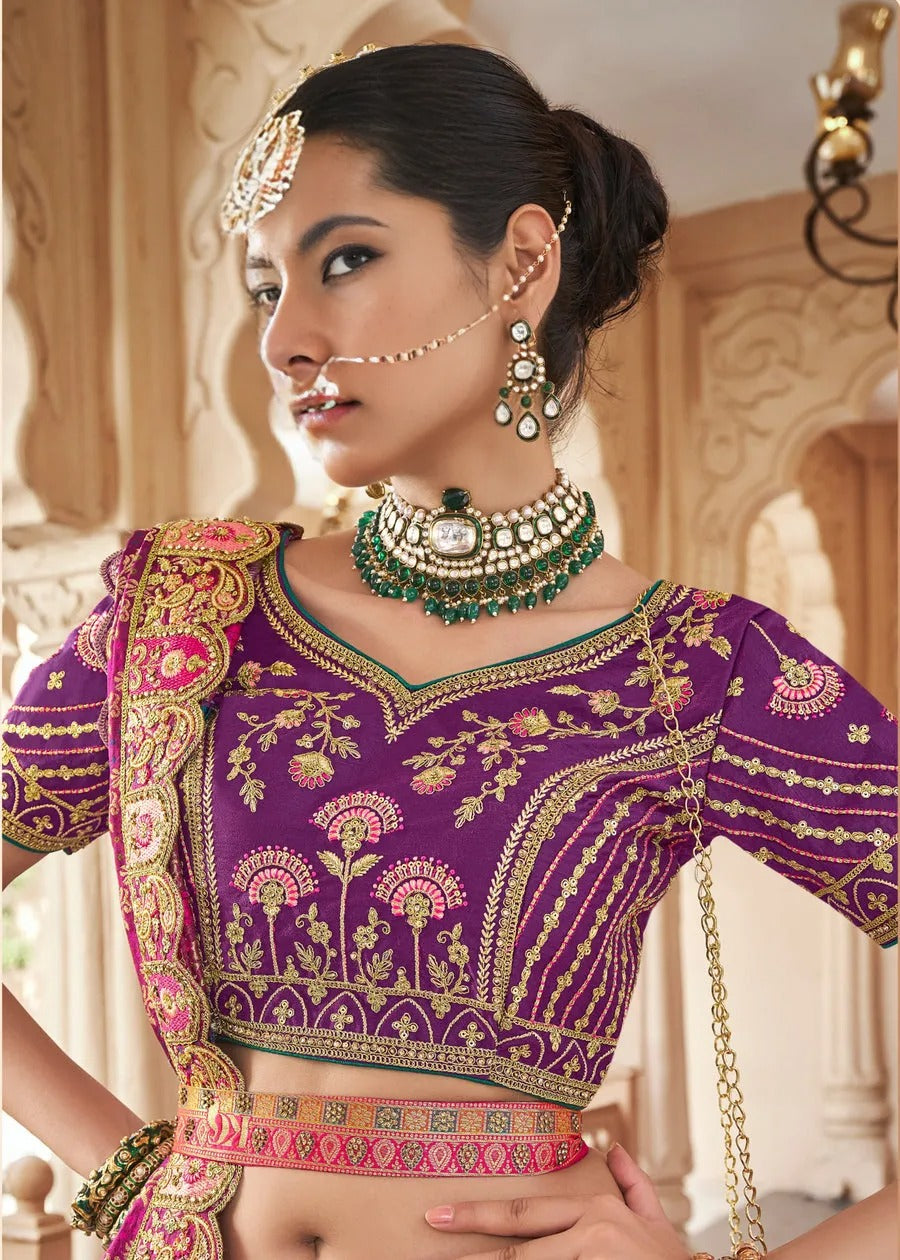 Multicolor Banarasi Silk Lehenga & VIolet Purple Embroidered Choli
