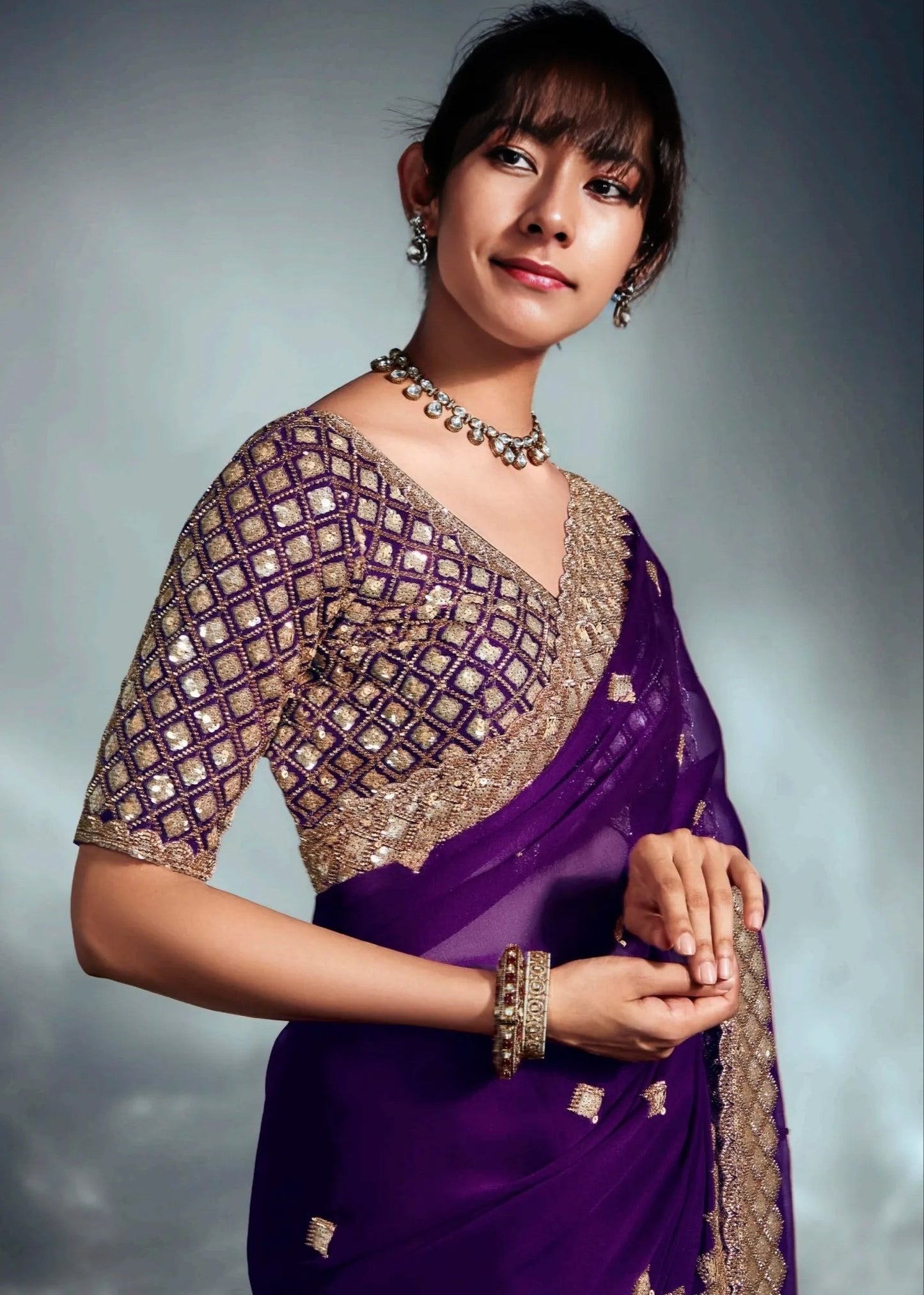 Violet Purple Tissue Silk Hand Embroidered Bridal Saree