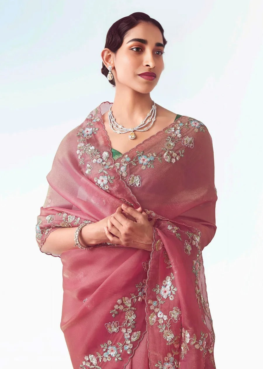 Rose Pink Organza Tissue Silk Embroidered Saree with Green Banarasi Blouse