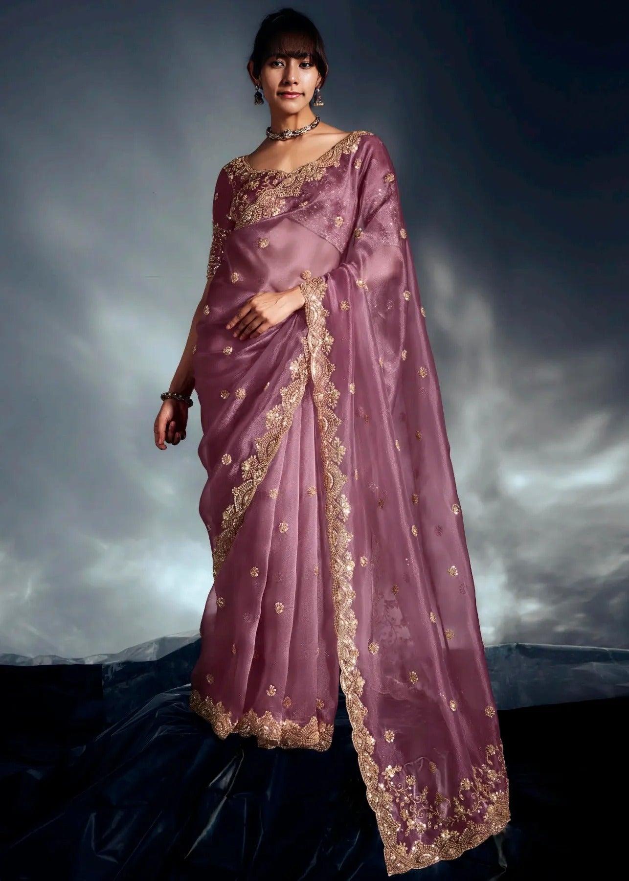 Onion Pink Organza Tissue Silk Hand Embroidered Saree