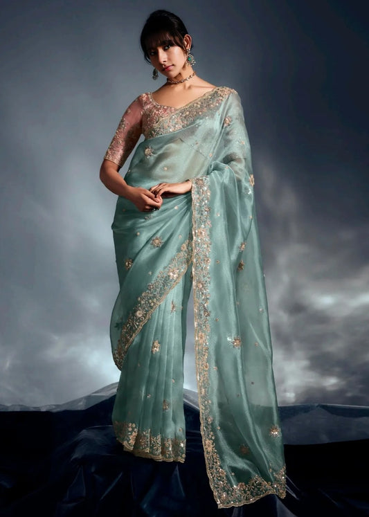 Pastel Blue Tissue Silk Embroidered Saree with Contrast Pastel Pink Blouse
