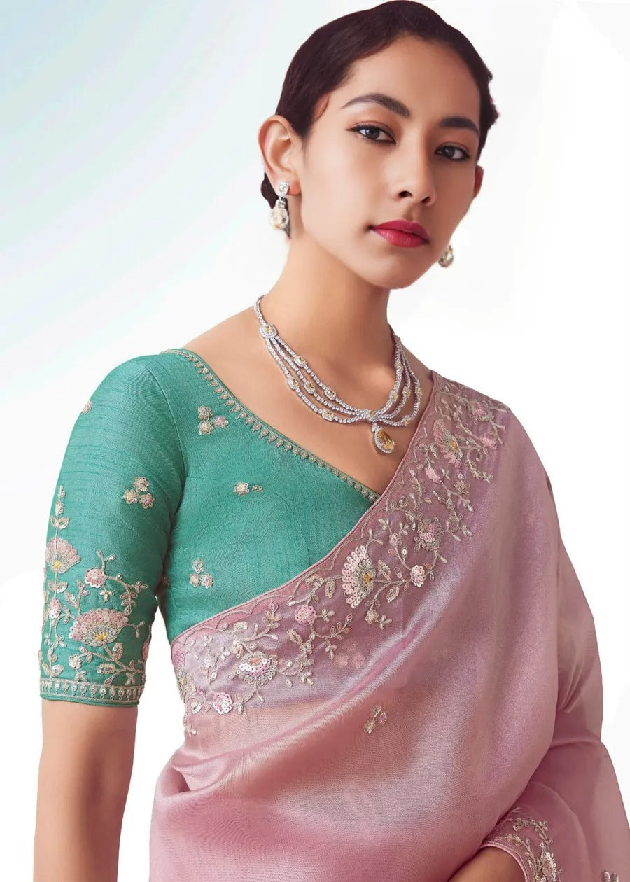 Pastel Pink Organza Tissue Silk Embroidered Saree with Aqua Blue Blouse