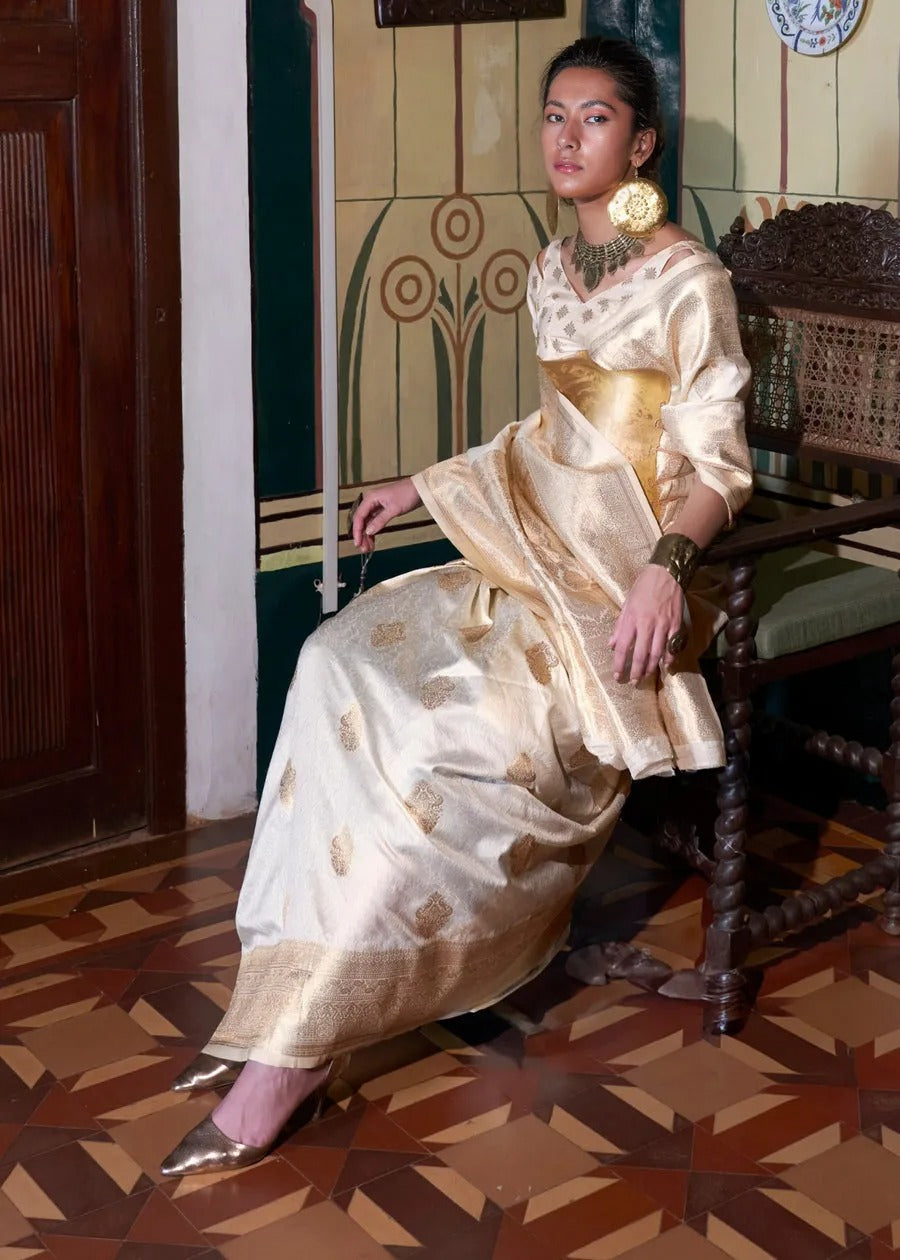 Soft Banarasi Silk Off White Handloom Weaving Saree