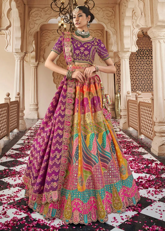 Multicolor Banarasi Silk Lehenga & VIolet Purple Embroidered Choli