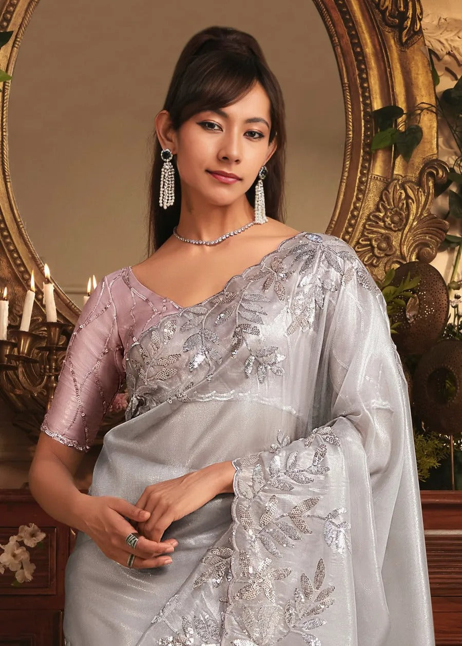 Grey Organza Tissue Silk Saree & Pastel Pink Blouse With Sequins Embroidery