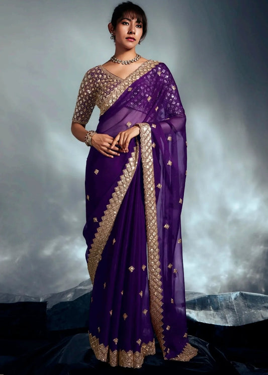 Violet Purple Tissue Silk Hand Embroidered Bridal Saree
