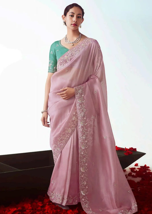 Pastel Pink Organza Tissue Silk Embroidered Saree with Aqua Blue Blouse
