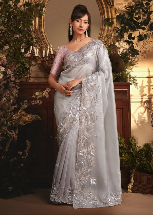 Grey Organza Tissue Silk Saree & Pastel Pink Blouse With Sequins Embroidery