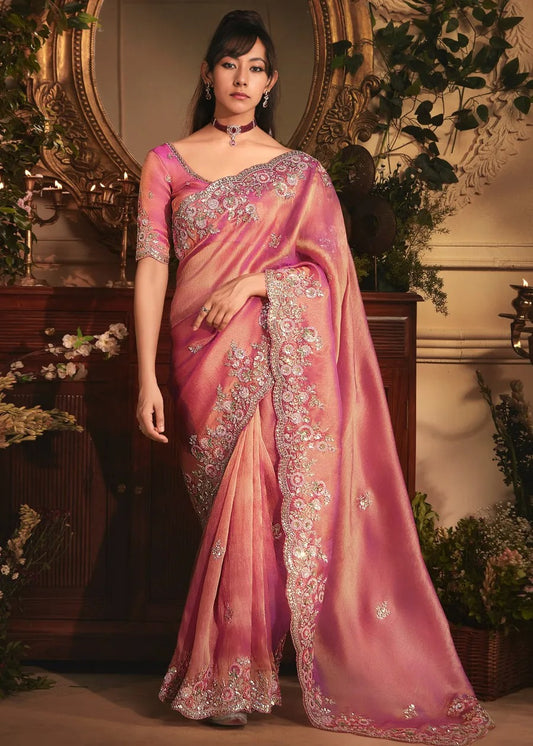 Rose Pink Organza Tissue Silk Saree With Embroidery Work
