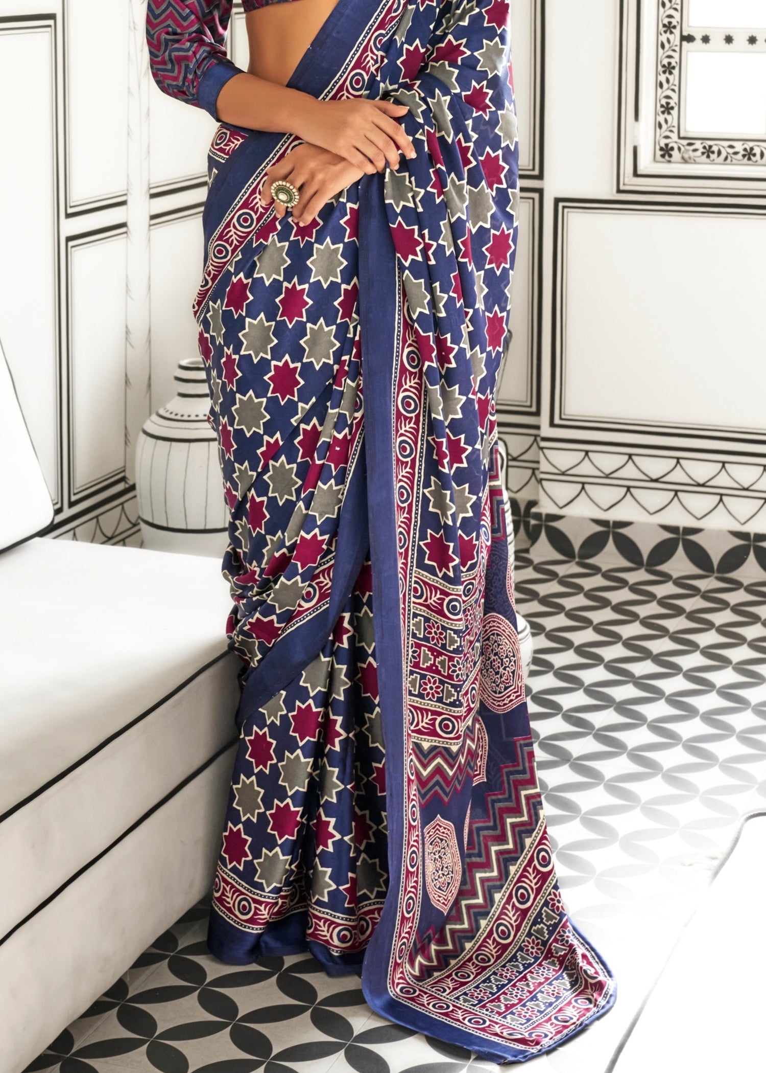 Shop ajrakh handblock print saree in usa online in blue color with matching blouse.