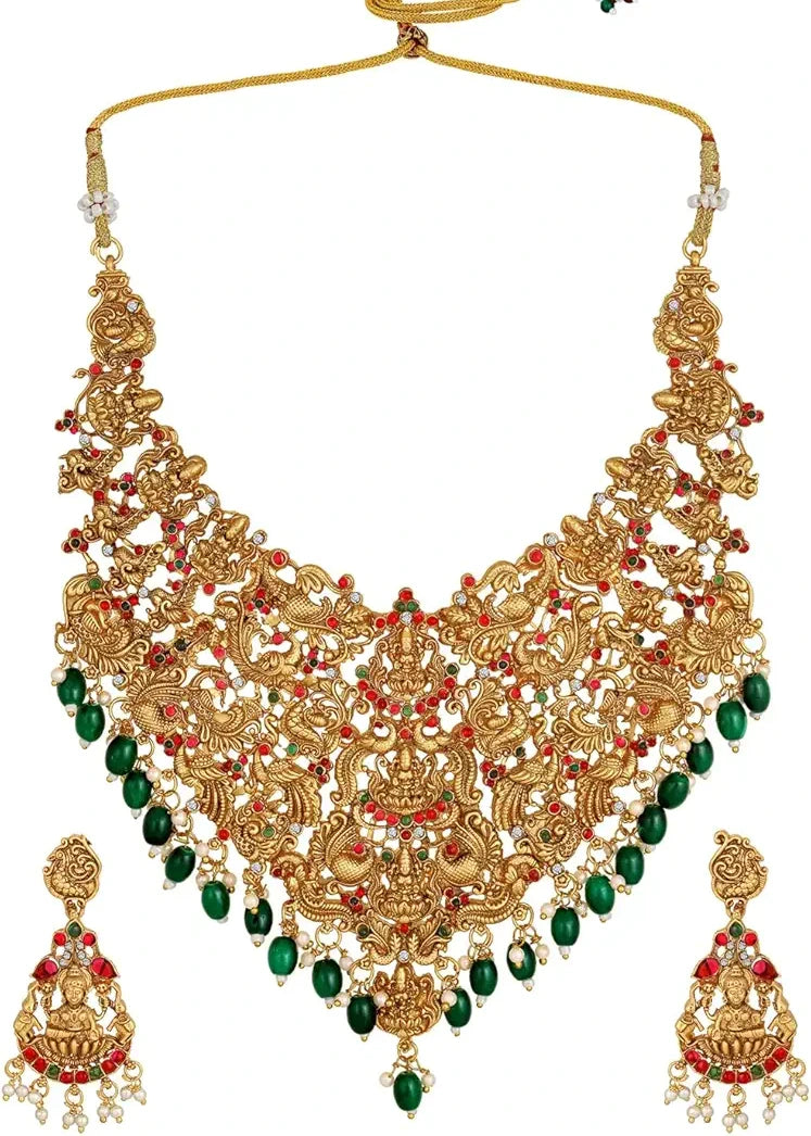 Artificial gold plated temple necklace jewellery set in usa online with earrings for wedding function.