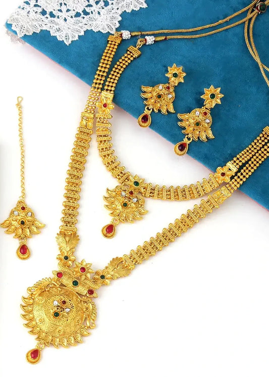 Artificial Gold Jewellery Necklace Set With Earrings & Maang Tikka